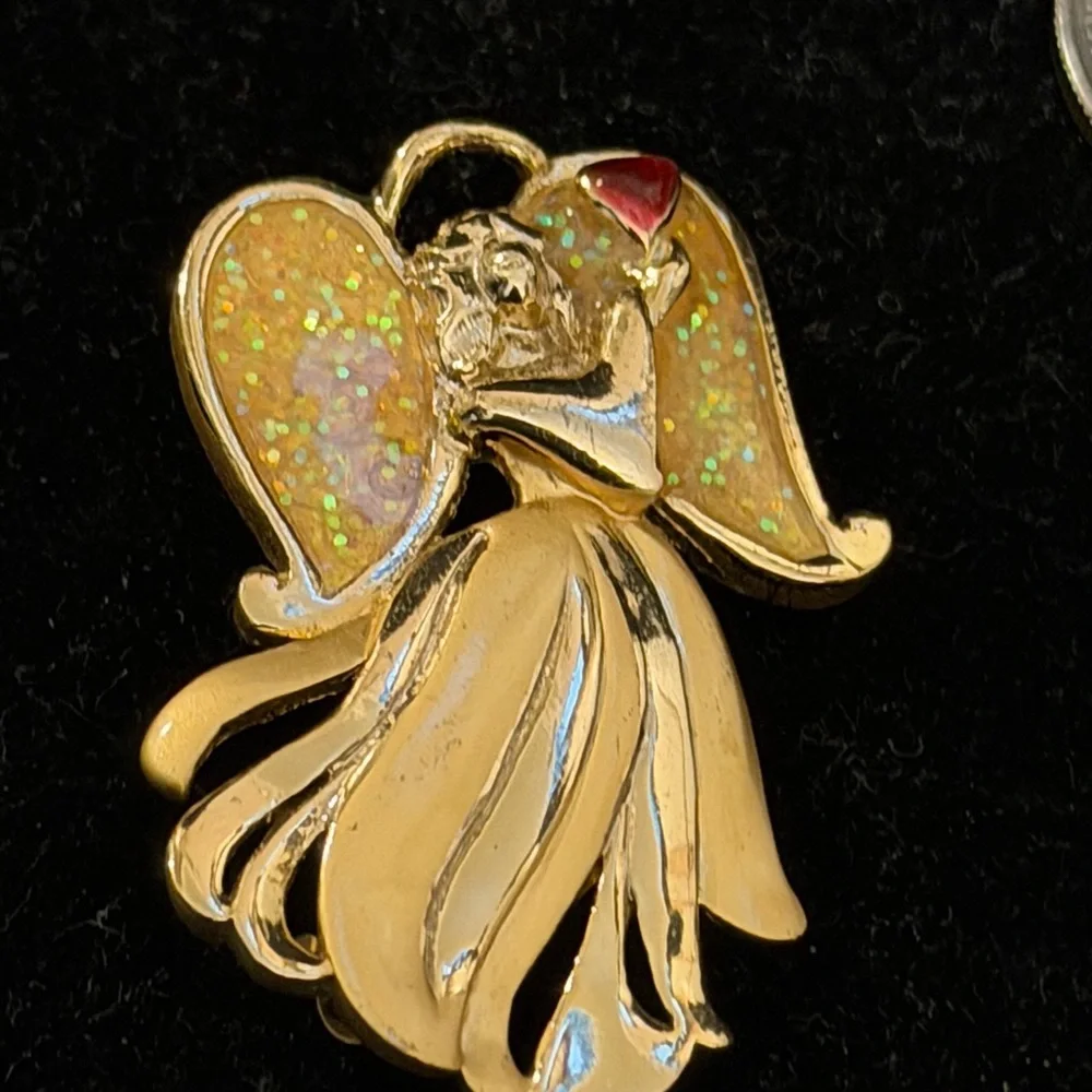 Vintage Gold Angel Wing Pendant Brooch with Opal-Like Inlay AAI